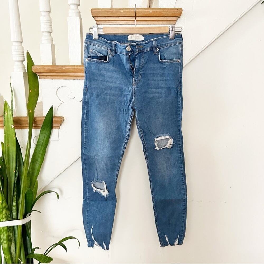 Free People Chewed Hem Skinny Jeans Mid Rise Cotton Distressed Denim Size 28R